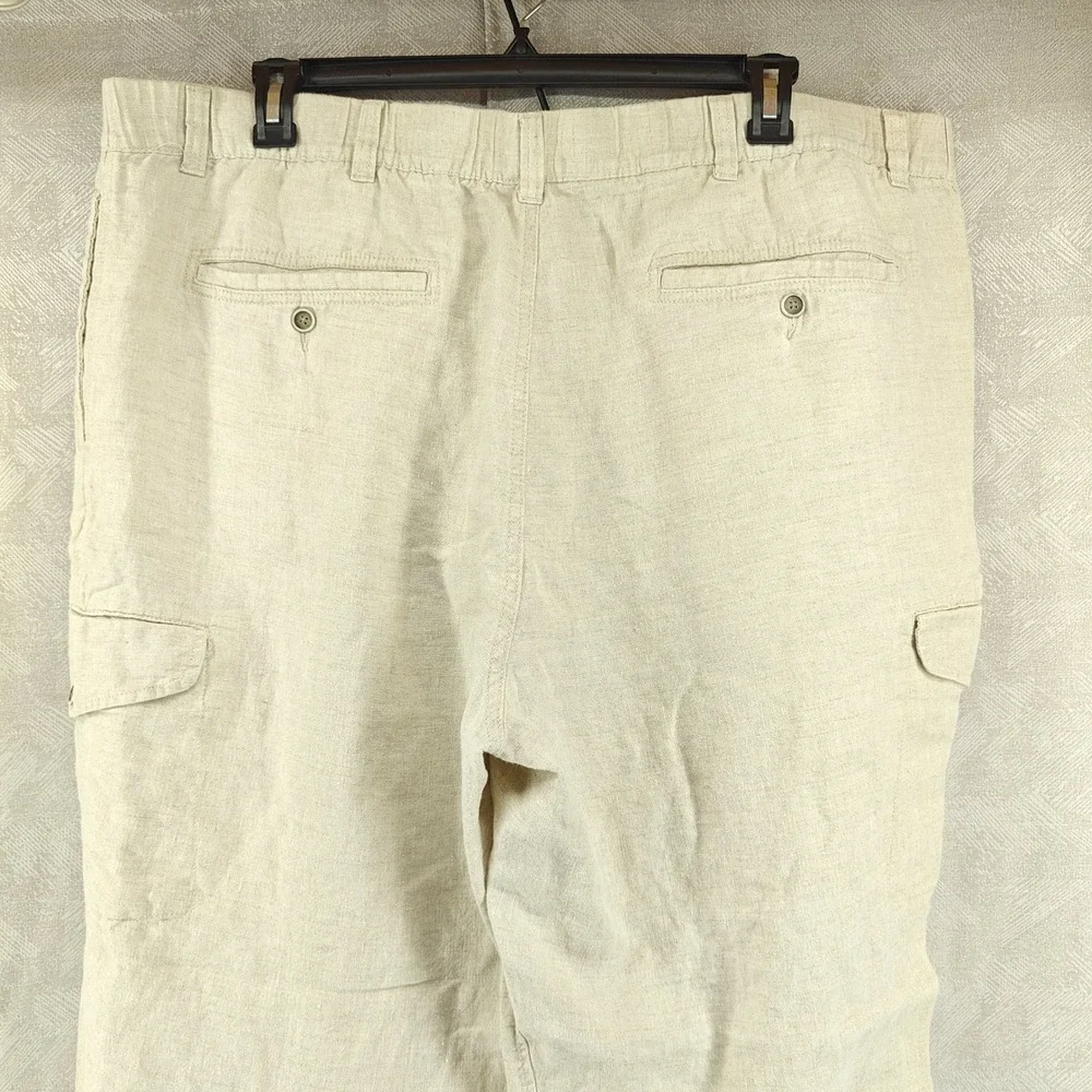 Caribbean Cargo Pants Mens 46x32 Beige 100% Linen Drawstring Tropical Vacation